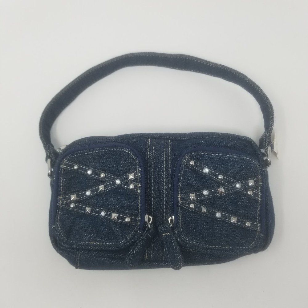 Justice Small Denim Jean Rhinestone Purse Zippered Closure Peace Zipper Pull